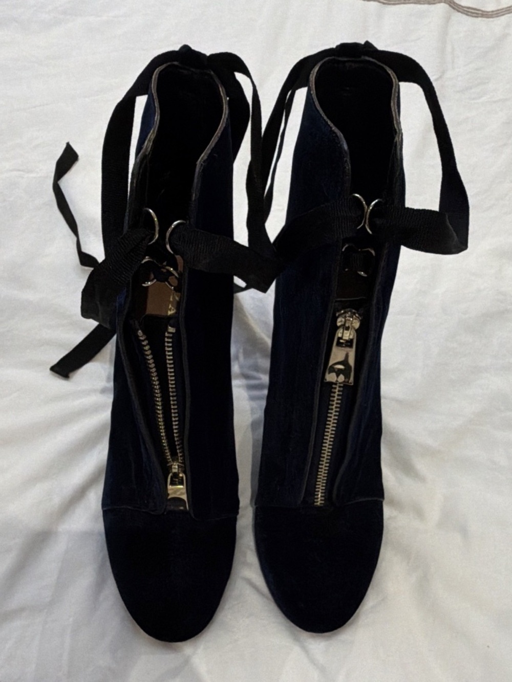Zara Navy Velvet Front Zip Ankle Boots Ribbon Tie Block Heel EU 39 US 8